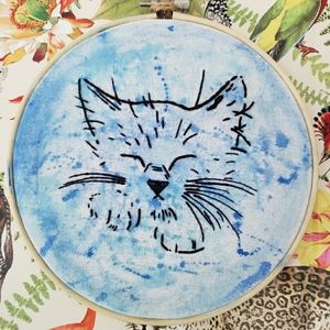 "Blue Kitty" Embroidery Art